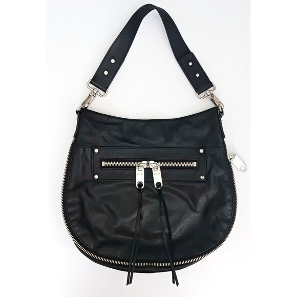 Milly Hobo Bag Blk Leather Chunky Visible Lg Silver Zippers Expandable Bottom
